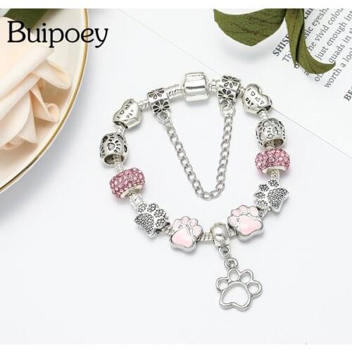Buipoey Fashion Silver Color Footprints Shiny Pink Beaded Charm Bracelets For Women Girls Original DIY Bangle Jewelry Gifts