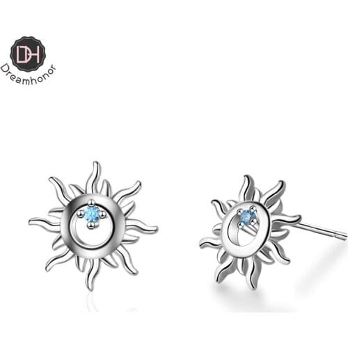 Dreamhonor 925 Sterling Silver Fashion Sun Flower With Blue Crystal Stud Earrings Women Exquisite Girlfriend Jewelry Accessories