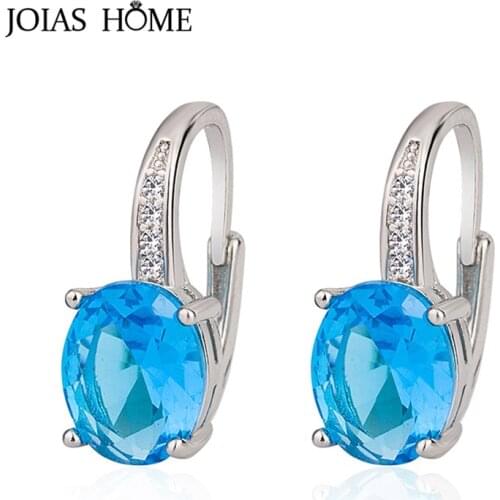 JoiasHome Oval Gemstone Earrings for Women Classic Silver 925 Jewelry Red Blue Purple Yellow Zircon Ear drops Simple Female Gift
