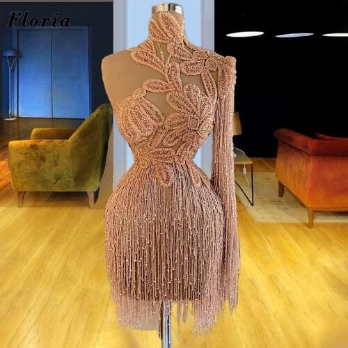 Vestidos De Festa Rose Gold Beading Prom Dress Short Dubai Party Dress Tassel Middle East Pageant Evening Dress For African 2021