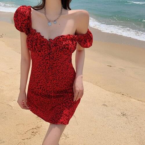 Leopard print bubble sleeve collar dress female summer 2021 new high waist slim strappy corset sexy dress Ruffles Sheath