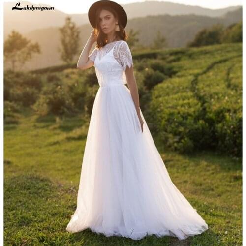 Robe soirée mariage Short Sleeve Lace Tulle O Neck Backless Wedding Dresses A Line Beach vestidos de novia 2021 manga corta