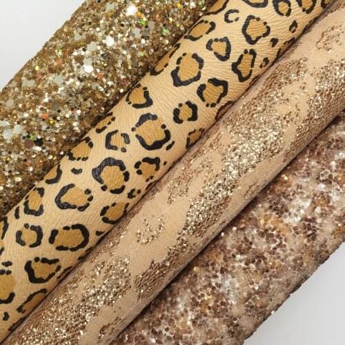 Gold Glitter Leather Fabric, Leopard Printed Glitter Fabric, Lace Glitter Leather Sheets For Bow 21x29CM Twinkling Ming KM395