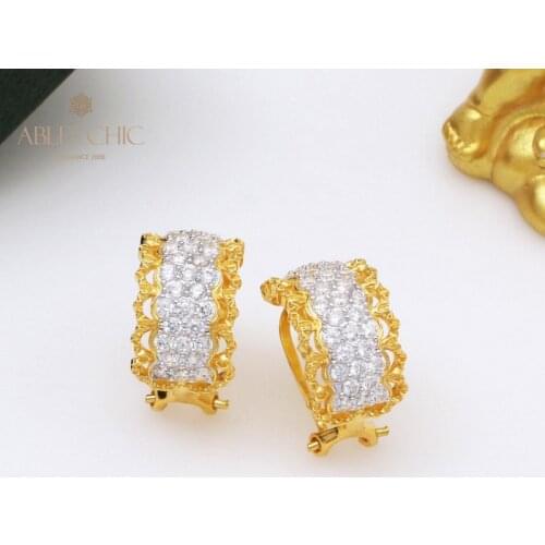 18K Gold Tone Micro Paved CZ Inlay Hoop Earrings 925 Silver Renaissance Lace Wide Clip-on Women Wedding Earring C11E4S25392