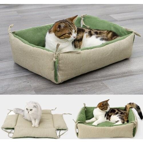 2 in 1 Pet Cat Sleep Bed Cotton and Linen Dual-purpose Mattress Strap Wind Cute Pet Bed Washable Cat Bed Collapsible, for Cats
