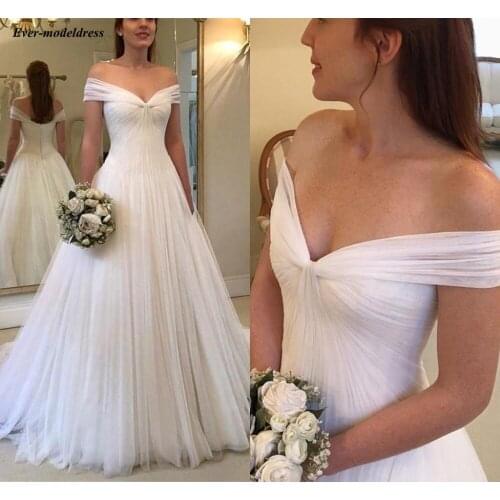 2020 Off Shoulder Plus Size Wedding Dresses Bridal Gowns A-Line Sweep Train Tulle Pleats Customized Elegant Robe De Mariee