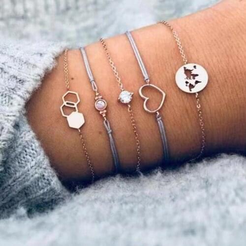 5Pcs/set Bohemian Metal Gold Color Heart Bracelet for Women Fashion Map Heart Shaped Wedding Bracelets Bangles