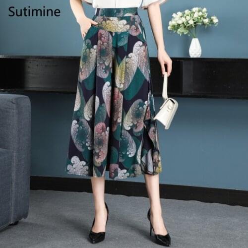 Summer Womens Clothing Half Length Wide Leg Pants Plus Size Trousers Sweatpans Women Printed Trousers for Female Elastic Waist