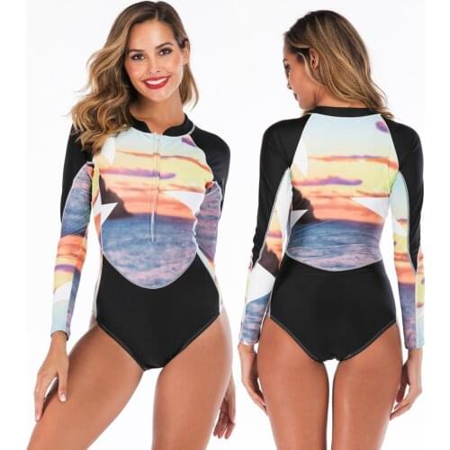 One Piece Swimsuit Women Eu Size Swimwear Female Printed Design Long Sleeve Bodysuit Beach Wear S-2XL