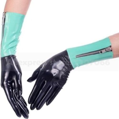 Black and Lake BLue Trims Latex Short Gloves Rubber Fetish Party Glove with Zip RLM098
