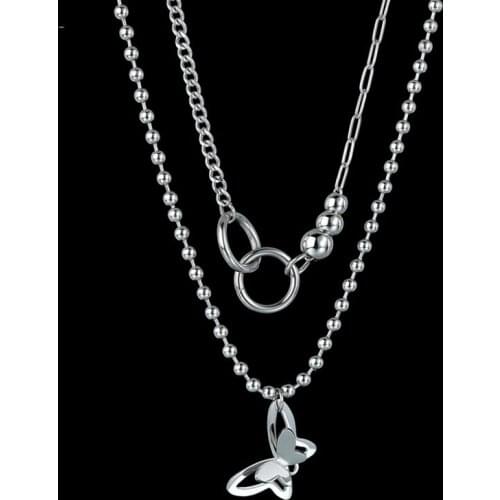 Double Layer Butterfly Pendant Stainless Steel Necklace for Women Party Clavicle Cuban Beads Chain Necklace Jewelry Collar