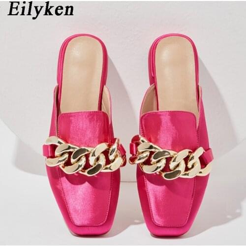 Eilyken 2022 New Spring Mule Square Toe Flat Heel Slides Brand Metal Buckle Slip on Casual Slipper Ladies Shoes Women Sandals