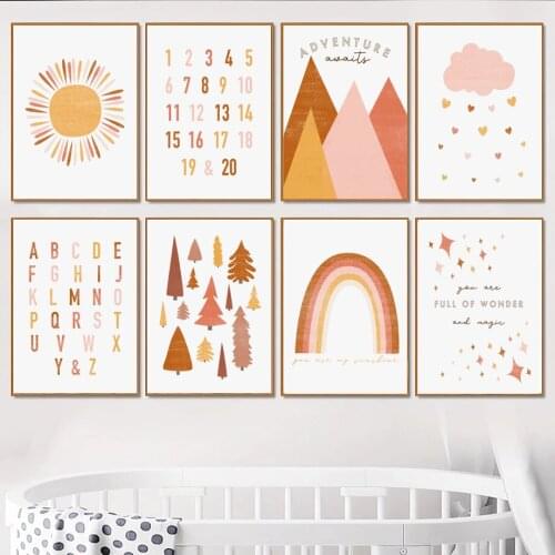 Sun Rainbow Cloud Tree Alphabet Numbers Nursery Wall Art Canvas Painting Posters And Prints Wall Pictures Baby Kids Room Decor