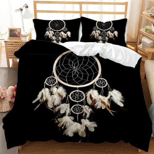Black Dreamcatcher Bedding Set Queen Size White Feather Print Duvet Cover Set With Pillowcase Bohemian Bed Linen Comforter Cover