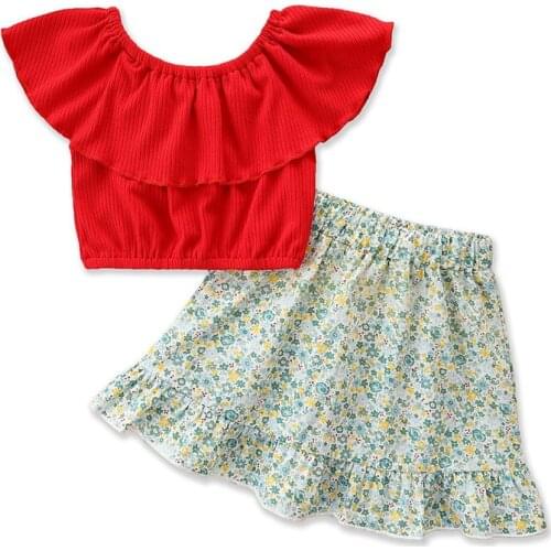 Summer Children Kids Girls Set Red Blouse + Floral Skirt 2pcs Girls Suits Clothes
