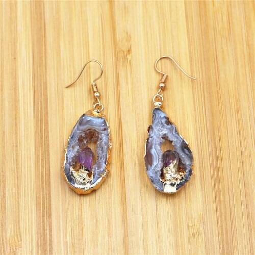 Natural Shi Sliced Agates Inlaid with Amethysts Stone Irregular Quartz Earrings DIY Suitable for Charm Crochet Earrings