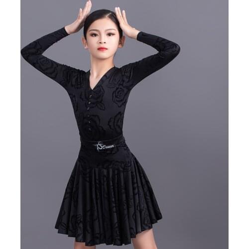 Girls Latin Dance Dress Black Fashion Pattern Print Competition Dresses Tango Salsa Rumba Cha Cha Samba Performance Wear DN6389