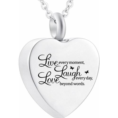 Titanium Steel Live Laugh Love Heart Shape Cremation Urn Jewelry Heart Urn Necklace Pendant For Ashes Memorial Keepsake