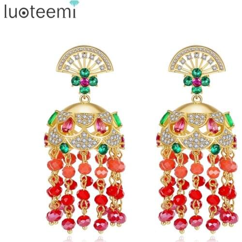 LUOTEEMI Traditional Indian Style Creative Fan Big Drop Earrings for Women Wedding Red Tassel Gold Color Fashion Jewelry Brincos