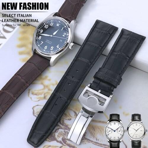 20mm 21mm 22mm Curved End Leather Watch Band Replacement for IWC PORTUGIESER PILOTS WATCHES Cowhide Strap Steel Folding Buckle