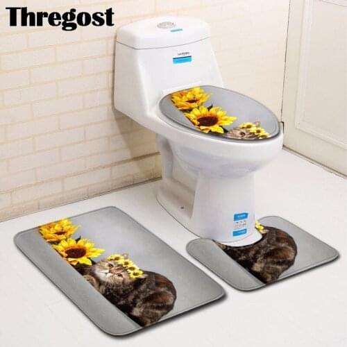 Thregost Bathroom Mat Set 3 pcs Shower Non Slip Mats Toilet Carpet Set Modern 3D Print Washroom Footmat Water Absorbent Rugs