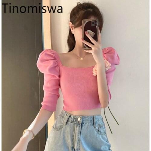 Tinomiswa Ruched Puff Sleeve Slim Knitted Tshirts Spring 2021 New Square Collar Solid Fashion Crop Top Korean Sexy Lady Tees