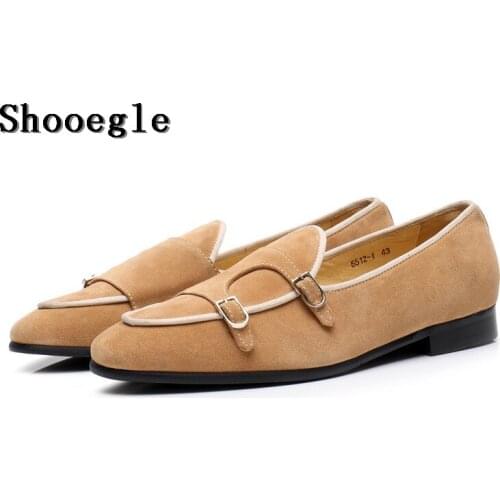 SHOOEGLE Vintage Style Men Casual Shoes Double Monk Strap Brown Buckle Loafers Suede Wedding Party High Quality Dress Shoes Man