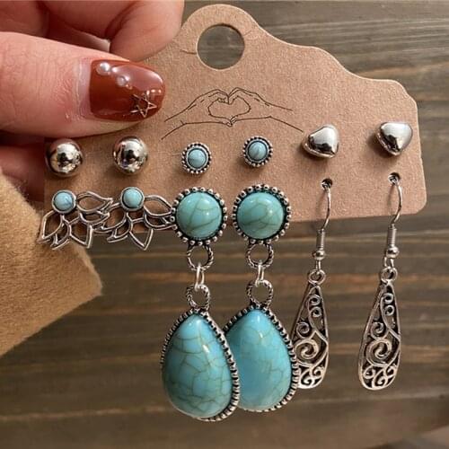 17KM Vintage Colorful Dripping oil Earrings Set For Women Retro Geometric Feather Green Stone Wood Dangle Drop Earrings Jewelry