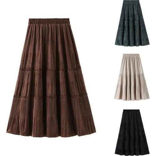 Retro Velvet Women Skirt Sweet Skirt Midi Long Pleated Skirt Vintage Tiered A Line Skirt