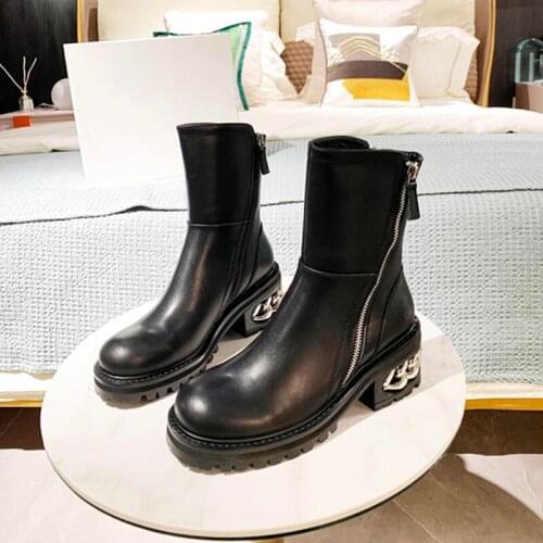 New Arrival 2021 Autumn and Winter Round Toe zips Women Boots High heel Chain Short Boots Shoes