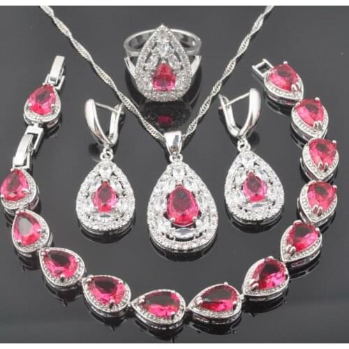 2020 New Red Crystal Jewelry Sets For Women Silver Color Zirconia Bracelet Necklace Pendant Earrings Ring 2020 New QS0336