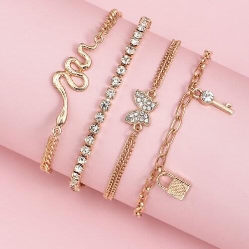 YADA Fashion New 4 PCS/SET Gold Color Butterfly&Key Bangles For Women Bracelets Charm Zircon Crystal Jewelry Bracelet BT210034
