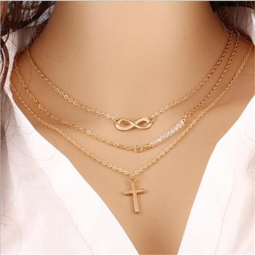 Female Girl Fresh womens clothing accessories multi layers gold cross pendant chunky summer chain necklace my orders