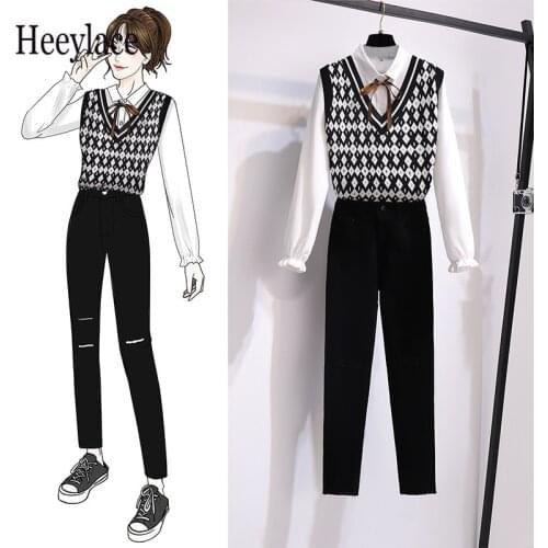Women Autumn Elegant 3 Pieces Set For Women Knitted Vest+White Blouse+Black Jeans Pant Suits 2021 Korean Casual Outfits