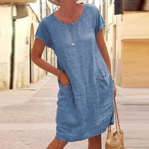 Women Casual Solid Color Short Sleeve O Neck Pockets Loose Cotton Linen Dress O Neck Pockets Loose Cotton Linen Dress