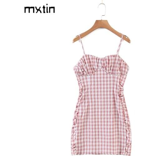 2021 Women Summer Vintage Plaid Sheath Mini Dress Fashion Adjustable Shoulder Strap Elasticity Female Sexy Dresses Vestido