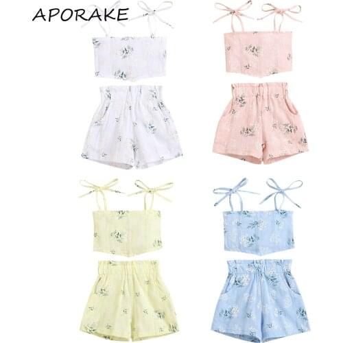 2021 0-4Y Sweet Baby Girl Floral Print Clothes Set Sumemr Irregular Hem Sleeveless Cropped Tops + Short Pants 2pcs