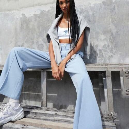 2021 Summer Solid Color High Waist Blue Casual Pants Women Fashion Capris Women Straight Office Ladies Casual Trousers Women