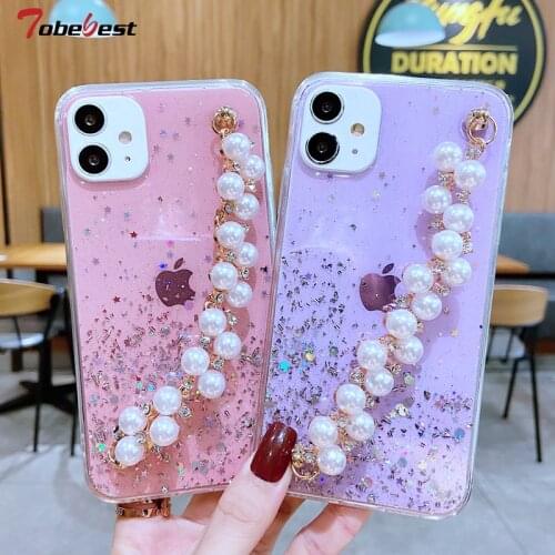 Shiny Glitter Pearl Bracelet Chain Case for Xiaomi Mi 11 Ultra Note 10 10S 10T Pro 9 SE 9T Silicone Wristband Back Cover