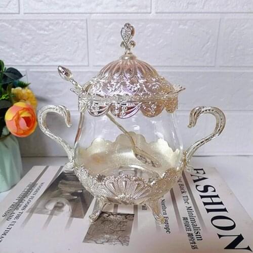 Home fashion creative sugar cup gold plated silver plated glass seasoning can box metal coffee table glass sugar cup