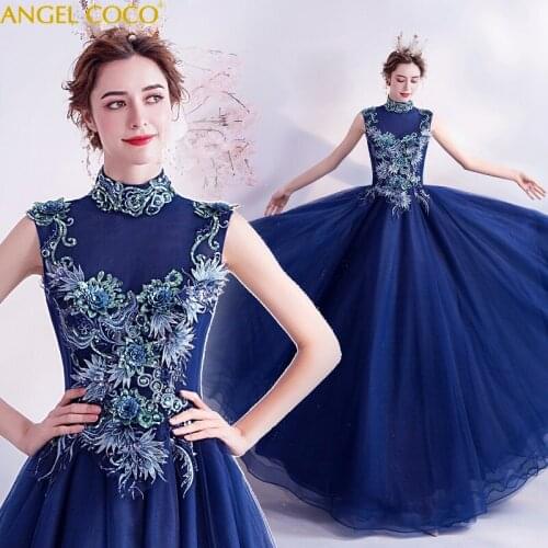 Dubai Royal blue Crystal Sexy Formal Evening Dresses Long sleeveless Luxury Evening Gowns Robe Soiree Prom Dresses 2020 Jurken