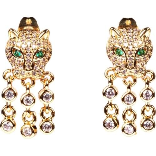 EYIKA Personality Micro Pave Zircon Jaguar Leopard Animal Women Tassel Stud Earring Gold Color Aretes Female Statement Jewelry
