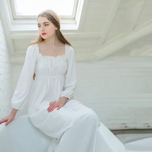 White Long dressing gown Cotton Nightgowns Women Sleep & Lounge Square Collar long-sleeved Elegant Lady Home Cloth Simple design