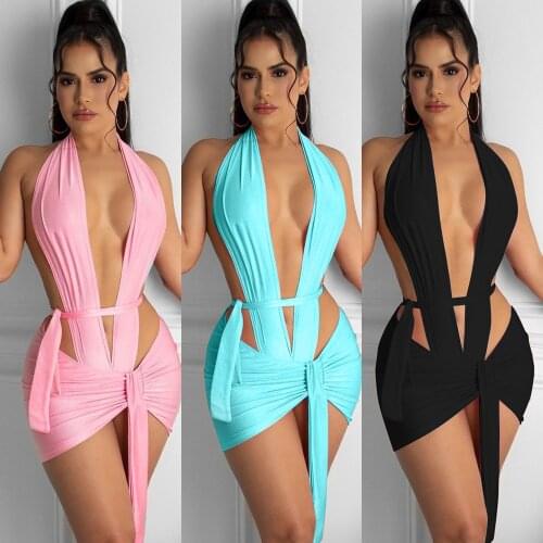 Sexy Solid Deep V Two Piece Sets Midnight Club Halter Top Bodysuit Skirt Backless Summer Partywear Hollow Out Ruched Women Set