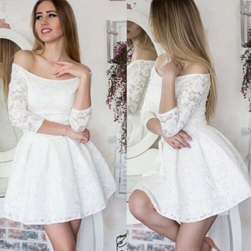 Off Shoulder Lace Homecoming Dresses A-Line 3/4 Long Sleeves Graduation Dresses Cocktail Gowns Short Prom Gowns Cheap