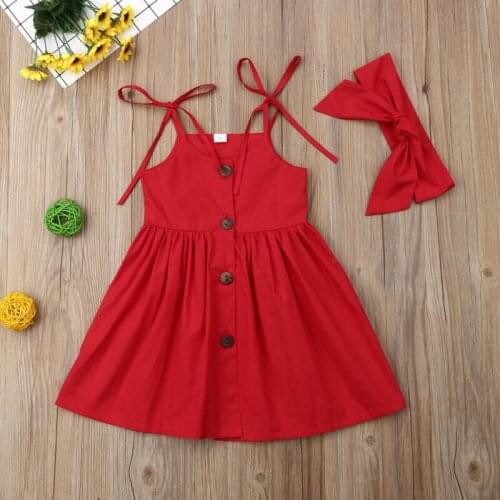 1-6 Years Summer Party Princess Girls Dress Sleeveless Single breasted Sling Dress Sundress + Headband Outfits