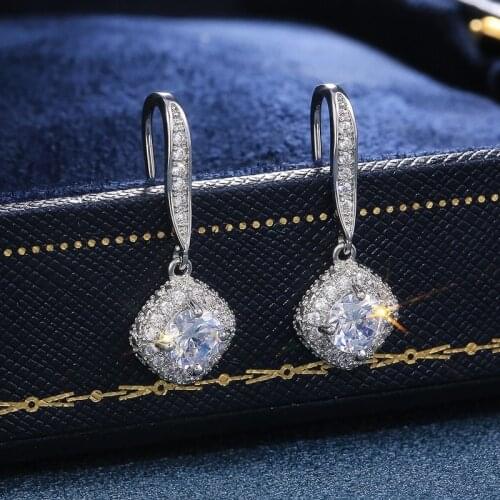 Fashion Luxury Silver Square Pendant Earrings Wedding Bridal Accessories Shiny Zircon Elegant Ladies Generous Jewelry