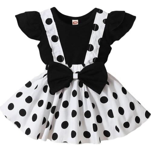 2PCS Fashion Baby Girl Kids Solid Color Fly Sleeve Tops + Polka Dot Suspender Skirt Summer Girl Outfit Clothes