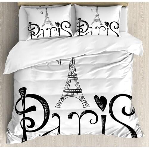 Paris City Decor King Size Duvet Cover Set by Ambesonne Illustration with Eiffel Tower France Heart Shapes Silhouette Decorative