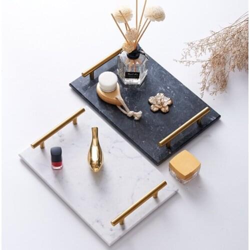Natural Stone Marble Tray with Gold Metal Handles for Bathroom, Kitchen, Dresser Plate